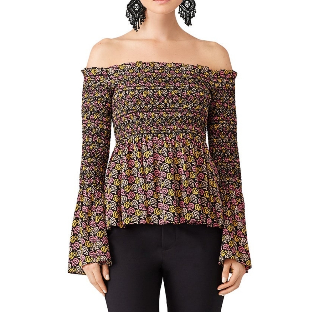 2 A.L.C. Agra Floral Print Smocked Bell Sleeve Silk Top